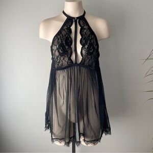 Dream Girls Lace Babydoll Chemise Lingerie Slip Dress Black Strappy Witchy Sexy